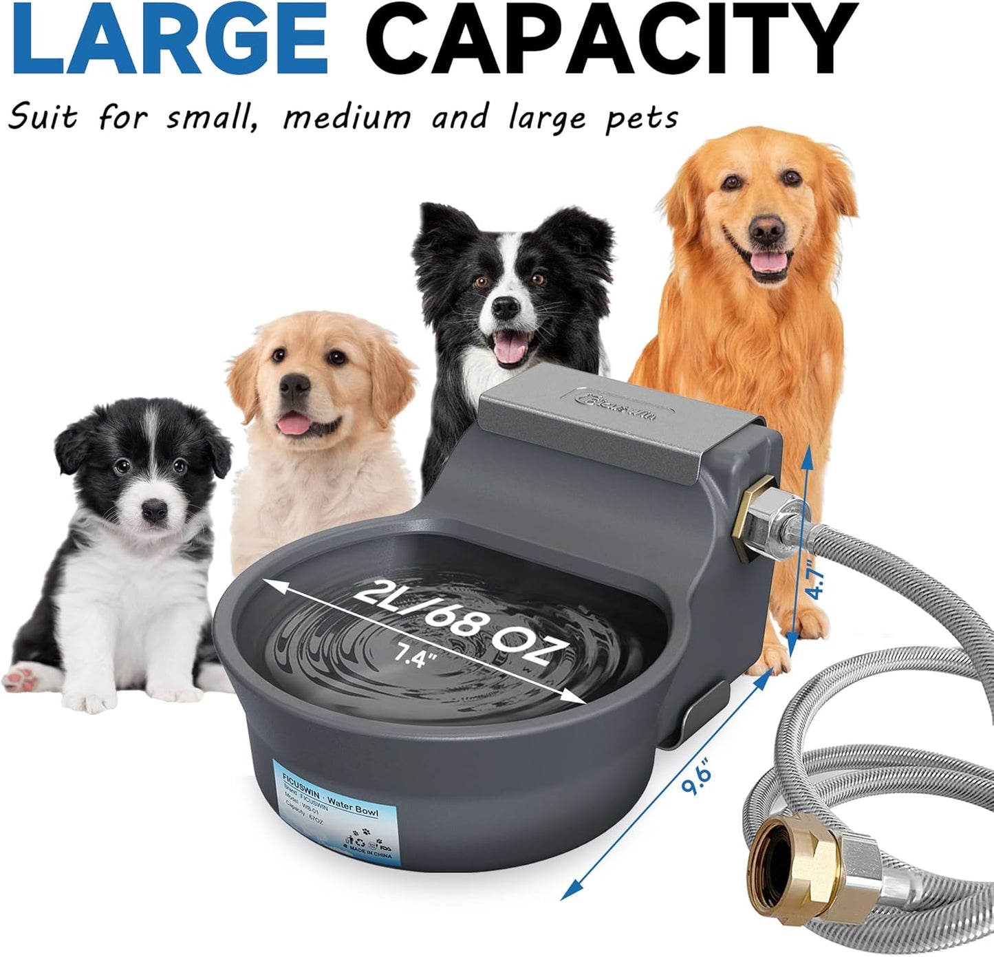 Automatic Dog Water Dispenser with Anti-Tip Bracket, 68 Oz Outdoor Dog Water Bowl Dispenser, Auto Refill Water Feeder for Pets & Livestock, Food Grade Waterer Fit 3/4" GHT Faucet, Wide Mouth