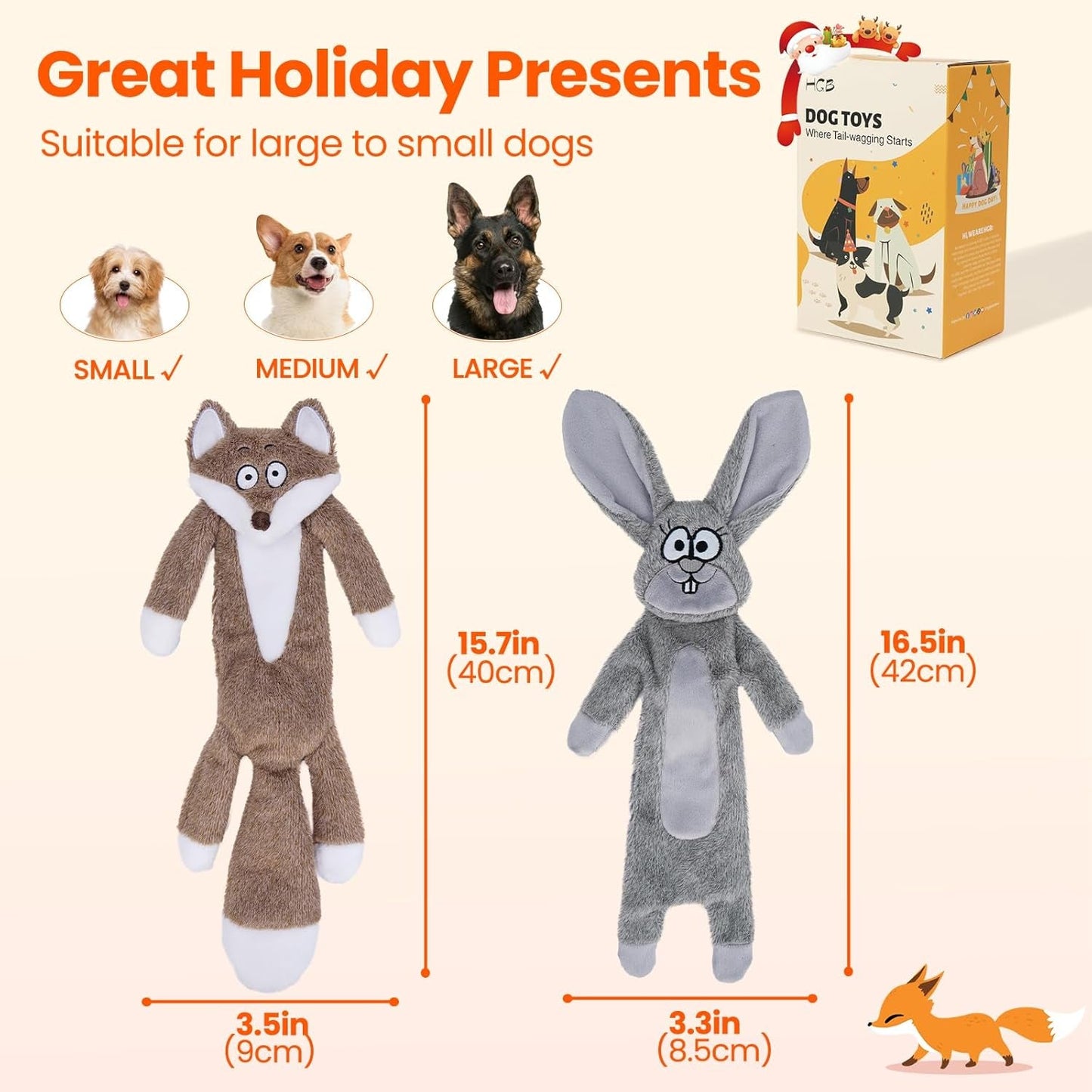 Squeaky Dog Toys, No Stuffing Crinkle Plush Dog Toys to Keep Them Busy & Puppy Teething for Large, Medium, Small Breed, Easter Cute Bunny & Redfox