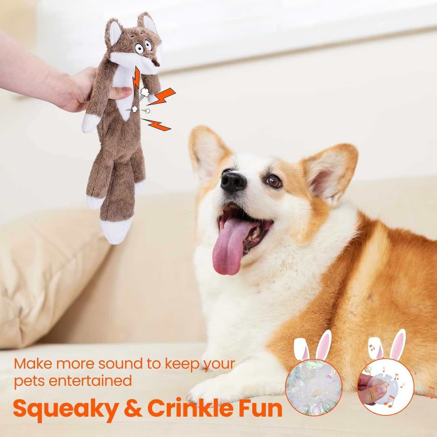 Squeaky Dog Toys, No Stuffing Crinkle Plush Dog Toys to Keep Them Busy & Puppy Teething for Large, Medium, Small Breed, Easter Cute Bunny & Redfox