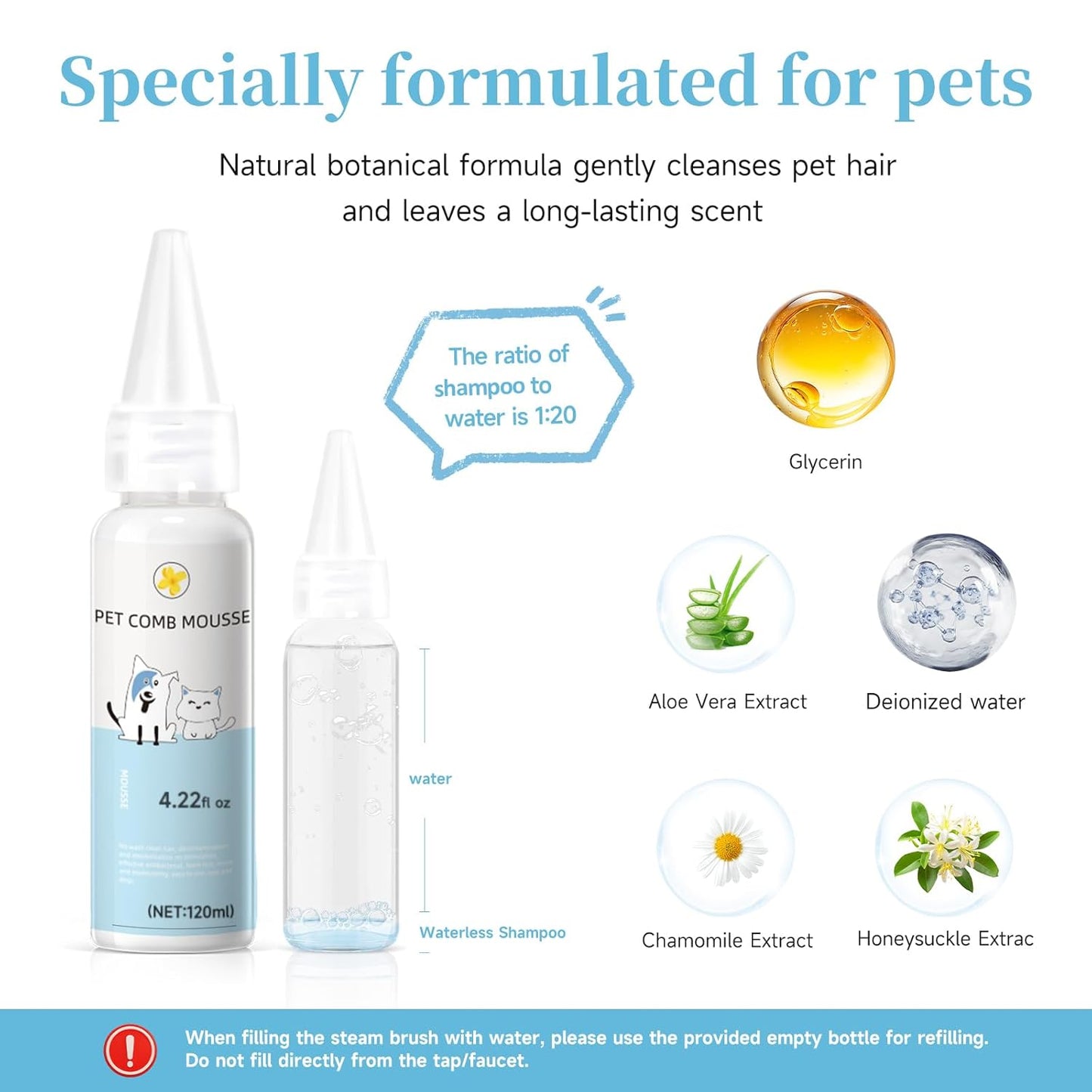Pet Steam Brush for Dog & Cat – 3-In-1 Spray Hair Removal Comb – Steam for Shedding & Grooming – Water Brush for Long & Short Haired Pets – Spritz Defur Comb – Includes Waterless Shampoo