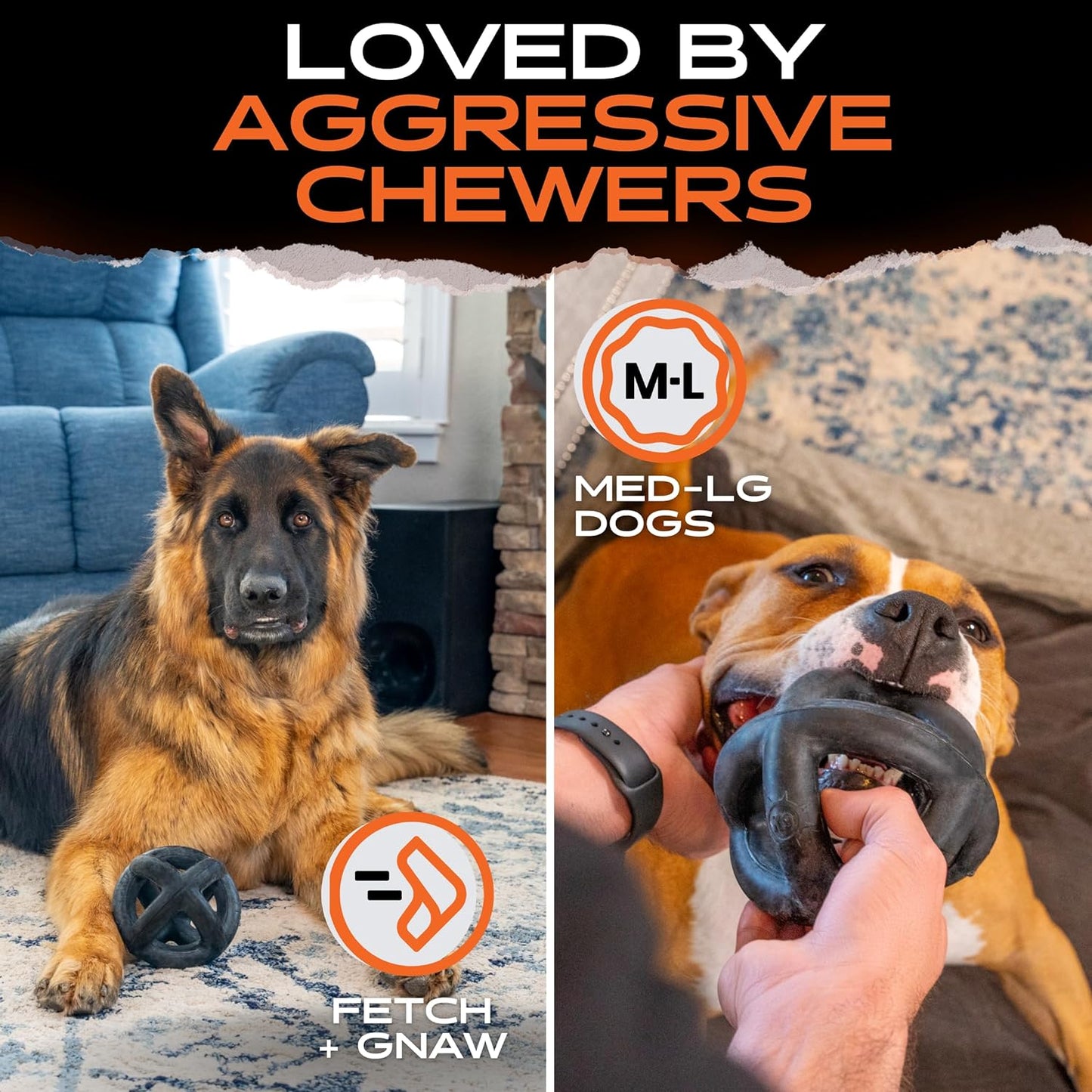 Monster K9 Indestructible Ring Ball - Lifetime Replacement - Medium & Large Breeds - Ultra Durable Dog Toy for Aggressive Chewers - Chew, Tug, & Fetch - 5.5"