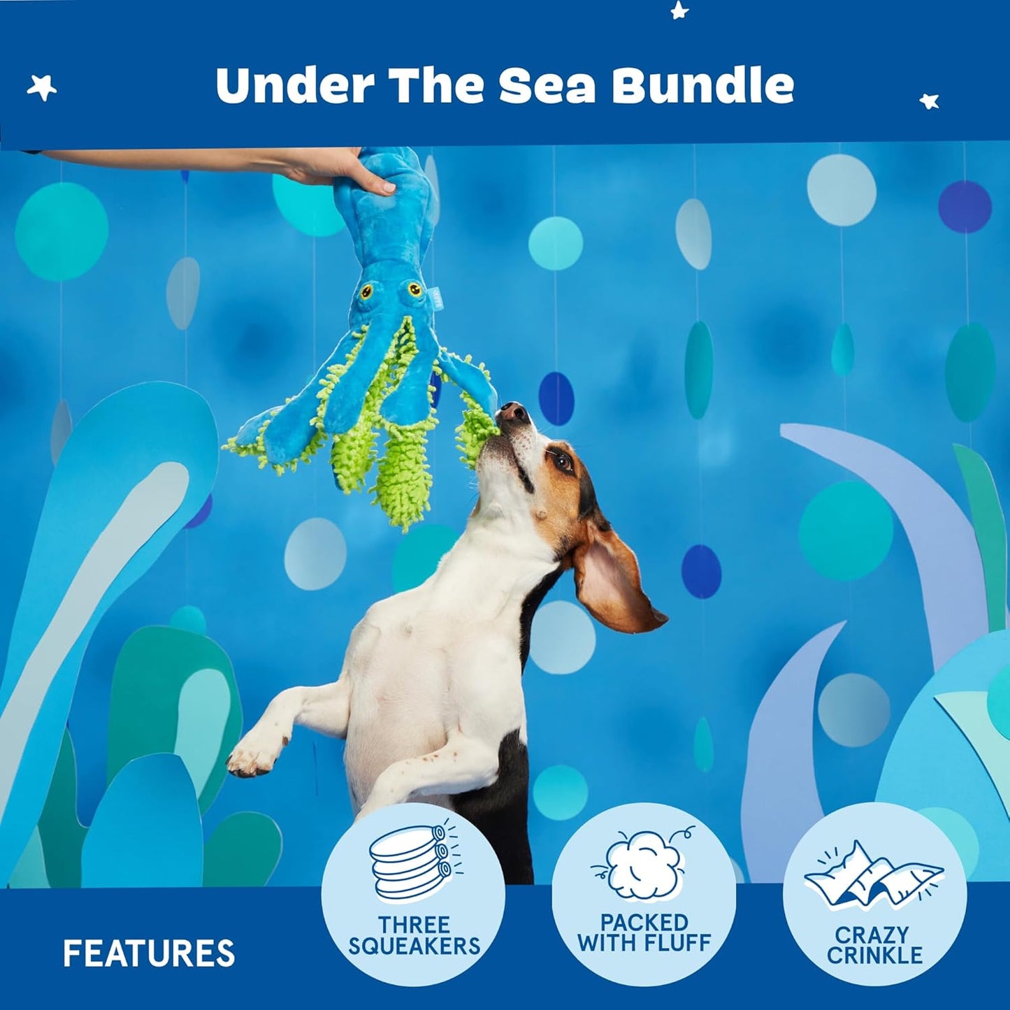 under the Sea Bundle - 3 Toys for Medium and Large Dogs - Squeaky Dog Toys, Tug Toys, Plush Chew Toys - Maggie Mahi, Shify Sid the Squid, Moby Lick