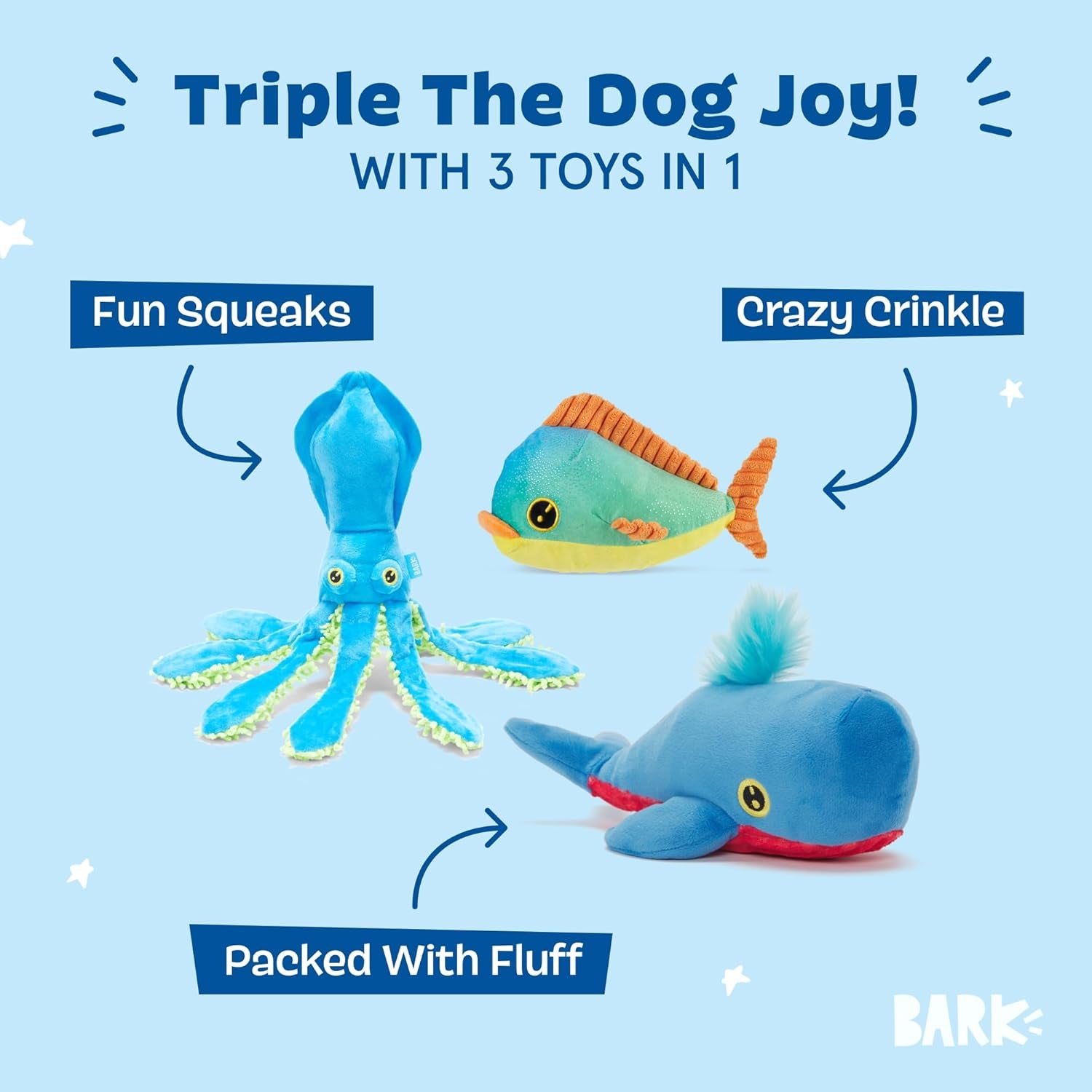 under the Sea Bundle - 3 Toys for Medium and Large Dogs - Squeaky Dog Toys, Tug Toys, Plush Chew Toys - Maggie Mahi, Shify Sid the Squid, Moby Lick