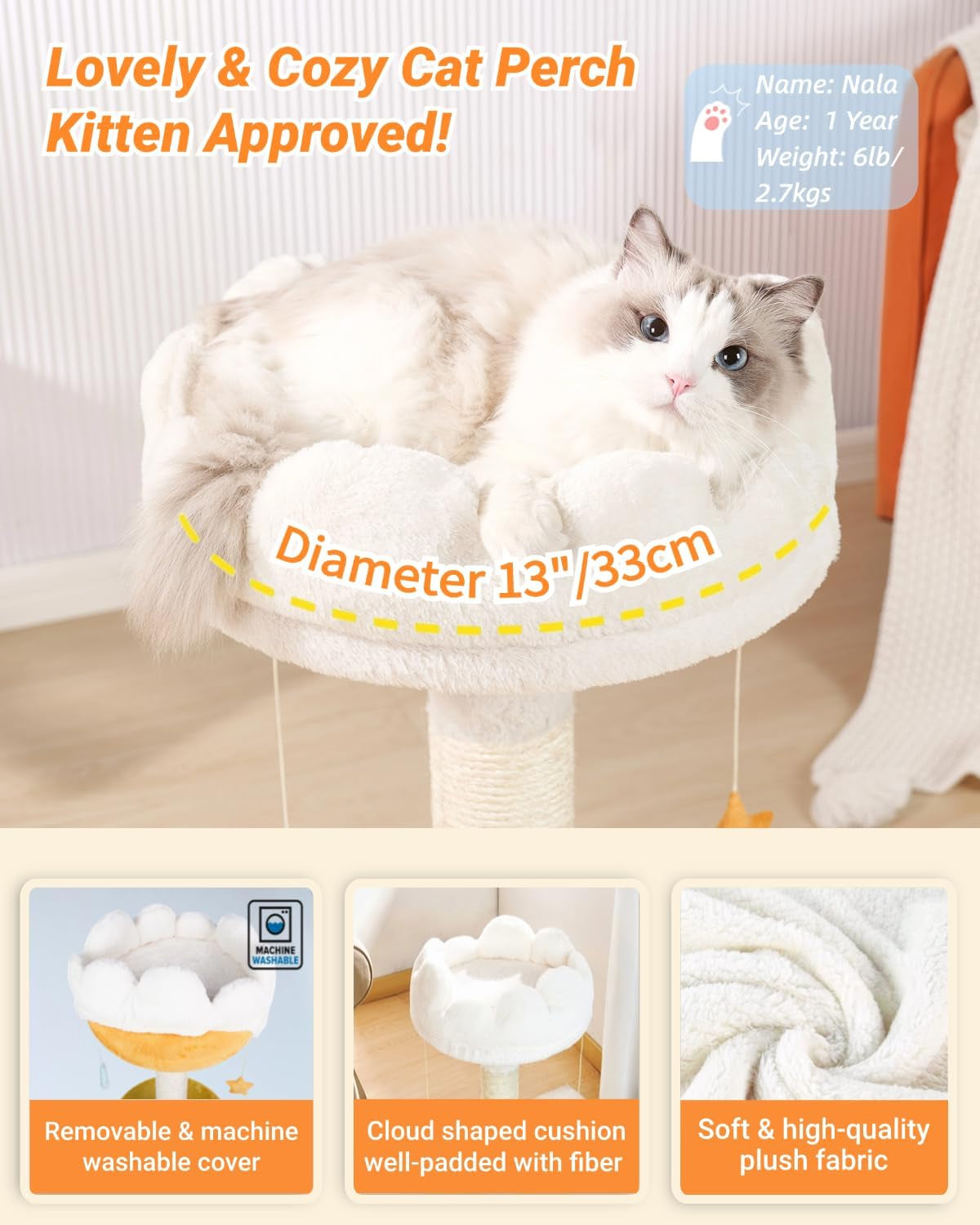 Cloud Cat Tree, Cat Scratching Post with Bed, Small Cat Tree for Kittens, Cat Scratch Post with Cloud-Shaped Soft Perch & Cute Toys, Removeable Cover, Bounus Catnip