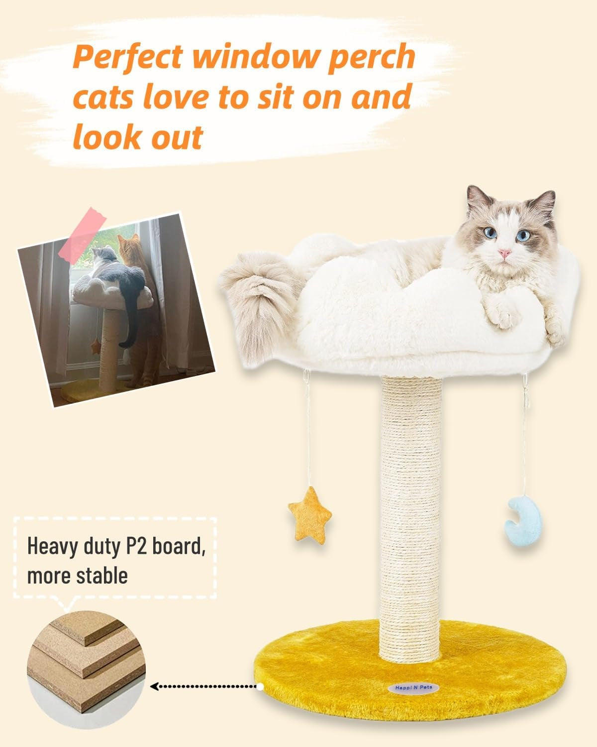 Cloud Cat Tree, Cat Scratching Post with Bed, Small Cat Tree for Kittens, Cat Scratch Post with Cloud-Shaped Soft Perch & Cute Toys, Removeable Cover, Bounus Catnip