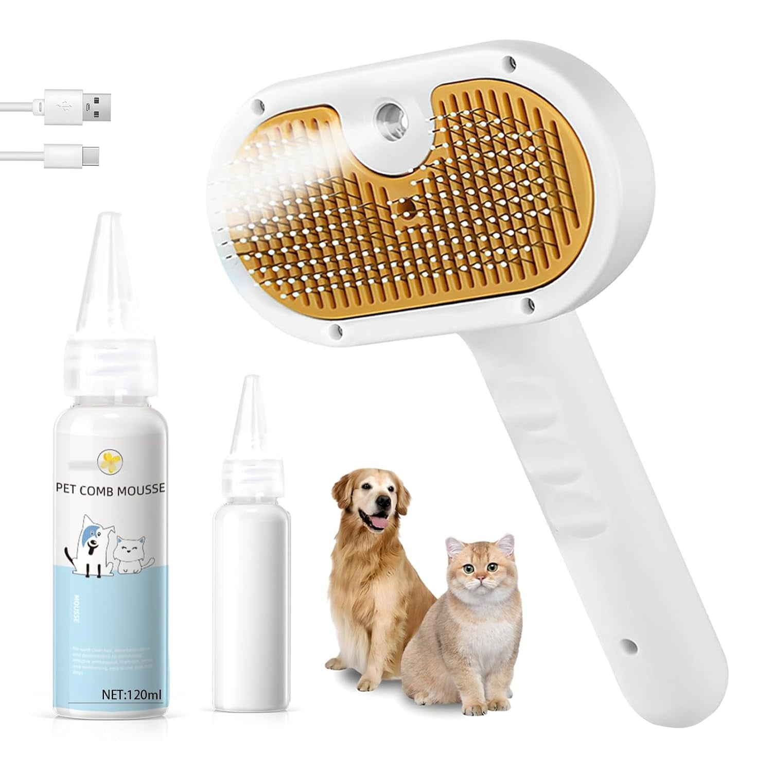 Pet Steam Brush for Dog & Cat – 3-In-1 Spray Hair Removal Comb – Steam for Shedding & Grooming – Water Brush for Long & Short Haired Pets – Spritz Defur Comb – Includes Waterless Shampoo