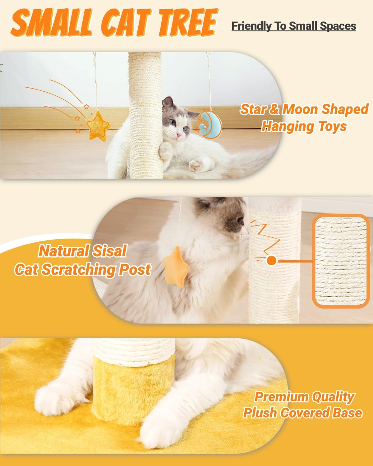 Cloud Cat Tree, Cat Scratching Post with Bed, Small Cat Tree for Kittens, Cat Scratch Post with Cloud-Shaped Soft Perch & Cute Toys, Removeable Cover, Bounus Catnip