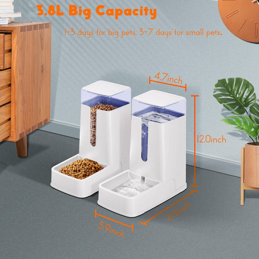 2 Packs Automatic Cat Feeder and Waterer, Gravity Dog Food and Water Dispenser Set for Small Medium Big Pets Cats Dogs Puppy Kitten, 1 Gallon X 2