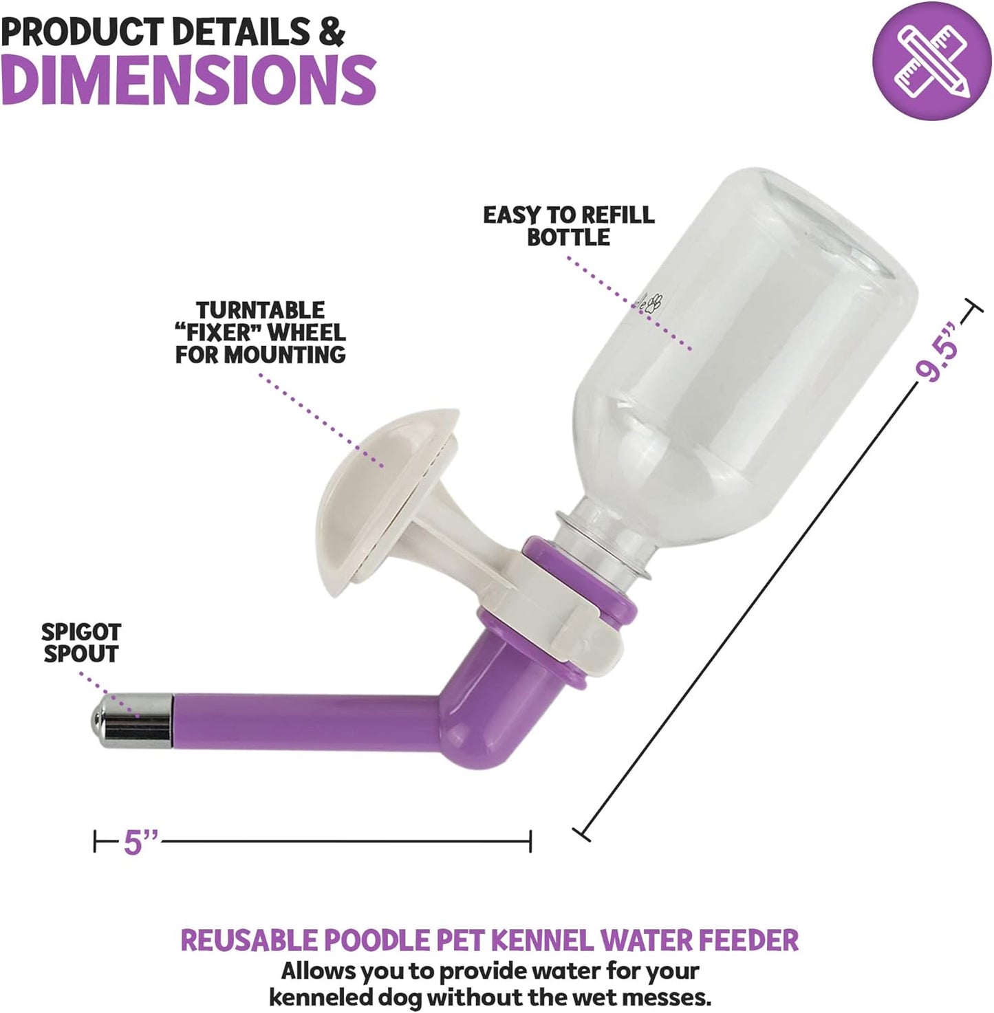Water Feeder Bottle Container Dispenser for Cage or Kennel – Gravity Hydration Fountain with Spigot Spout for Dogs, Cats, Hamsters, Rabbits & Other Small Animals … (Crate Water Bottle)