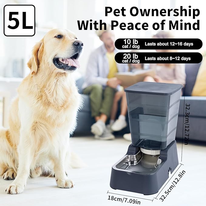 Pets Auto Feeder 5.2L,Food Feeder and Water Dispenser Set for Medium & Large Dogs Cats and Pets Animals (Navy)