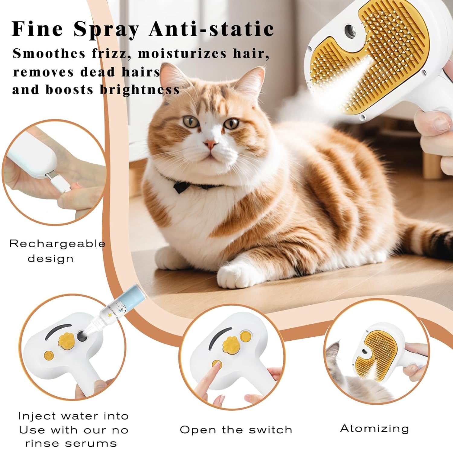Pet Steam Brush for Dog & Cat – 3-In-1 Spray Hair Removal Comb – Steam for Shedding & Grooming – Water Brush for Long & Short Haired Pets – Spritz Defur Comb – Includes Waterless Shampoo