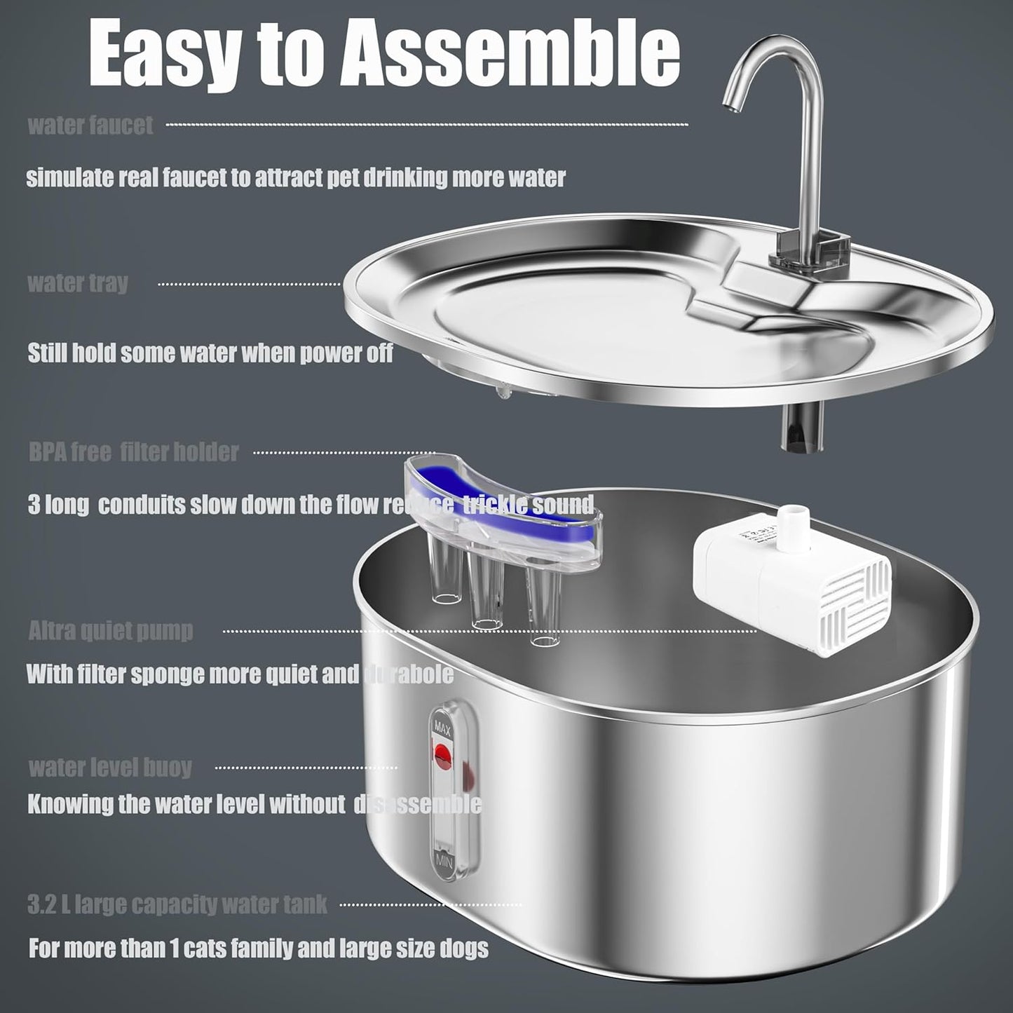 Cat Water Fountain, Dog Water Bowl Dispenser Stainless Steel, 3.2L/ 108Oz Large Capacity Pet Fountain, Quiet Circulating Filtration System Water Feeder Automatic Metal Drink Supplier Kitten
