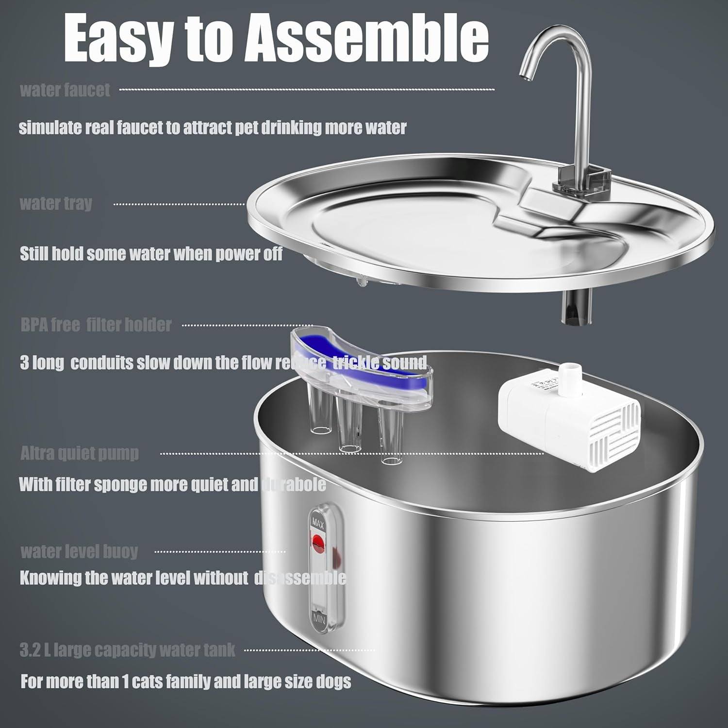 Cat Water Fountain, Dog Water Bowl Dispenser Stainless Steel, 3.2L/ 108Oz Large Capacity Pet Fountain, Quiet Circulating Filtration System Water Feeder Automatic Metal Drink Supplier Kitten