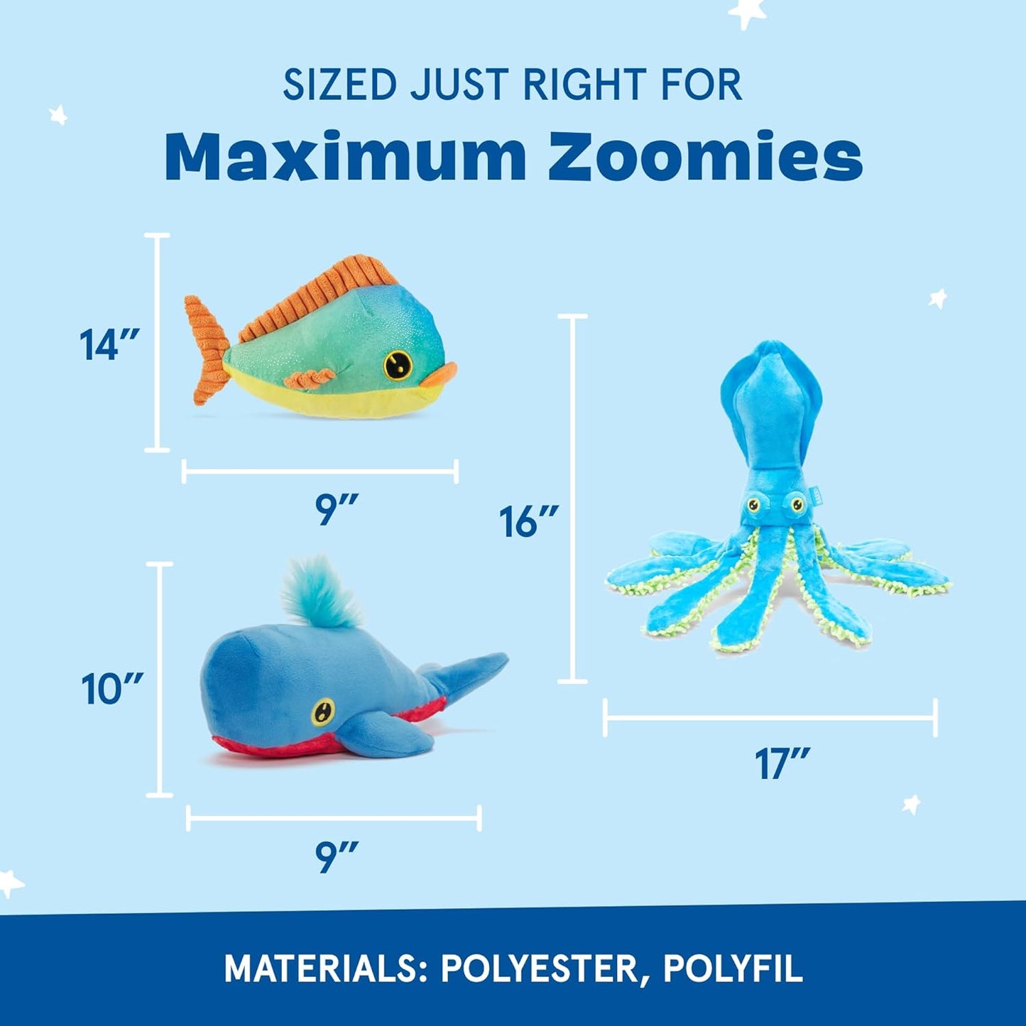 under the Sea Bundle - 3 Toys for Medium and Large Dogs - Squeaky Dog Toys, Tug Toys, Plush Chew Toys - Maggie Mahi, Shify Sid the Squid, Moby Lick