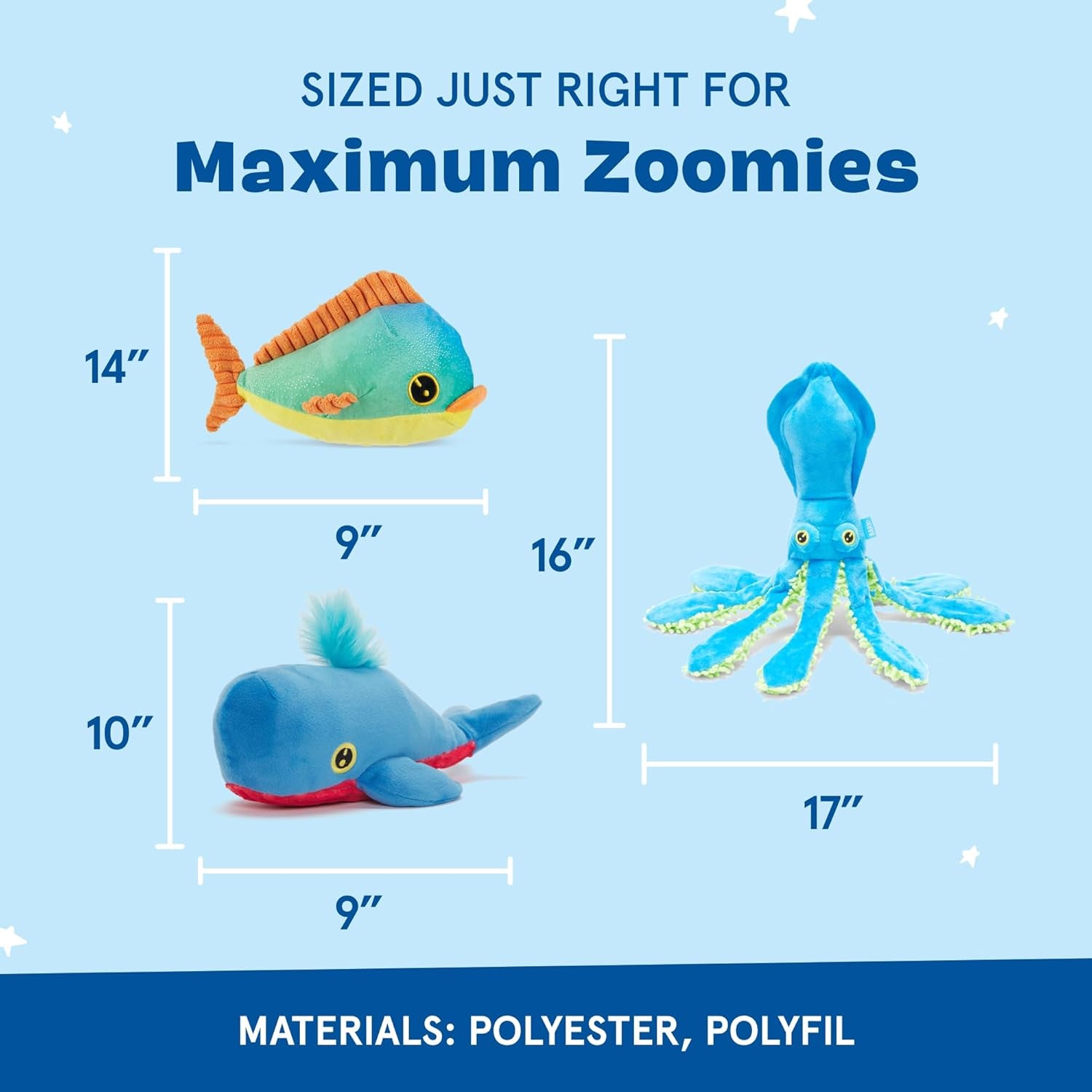 under the Sea Bundle - 3 Toys for Medium and Large Dogs - Squeaky Dog Toys, Tug Toys, Plush Chew Toys - Maggie Mahi, Shify Sid the Squid, Moby Lick